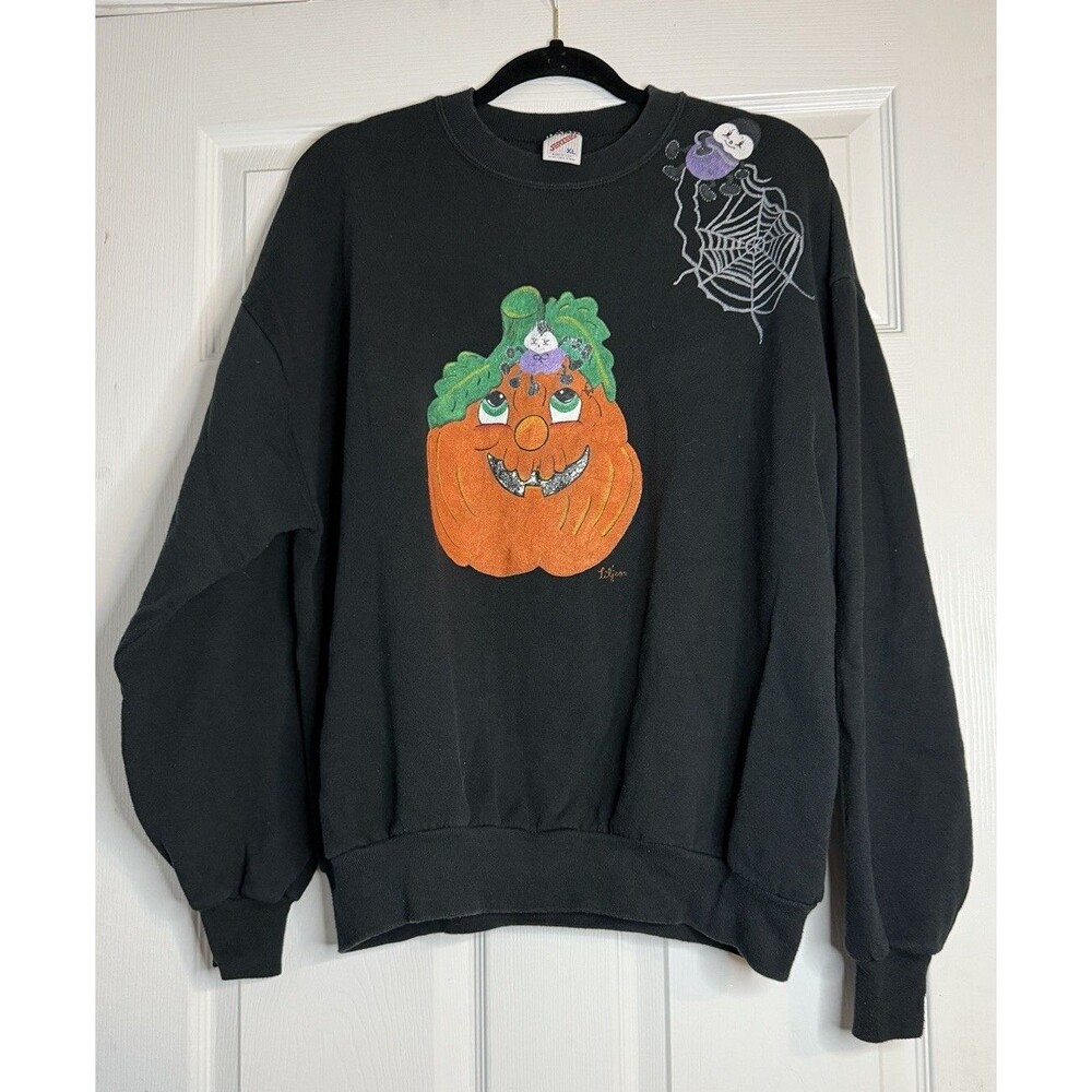 VTG Halloween Fall Pumpkin Spider Web Hand Painted XL Art To Wear USA Dopamine